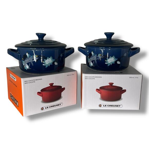 Set of 2 Le Creuset Mini Cocotte Koi Fish Lotus Flower Cobalt Blue NEW 8 oz 4" - Picture 1 of 4